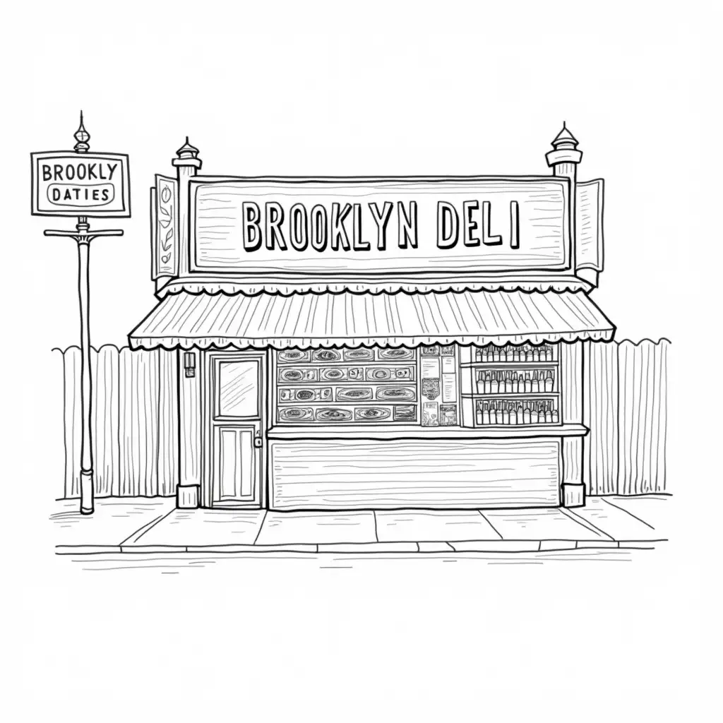 Detailed Black and White Illustration of an Old School Brooklyn Deli