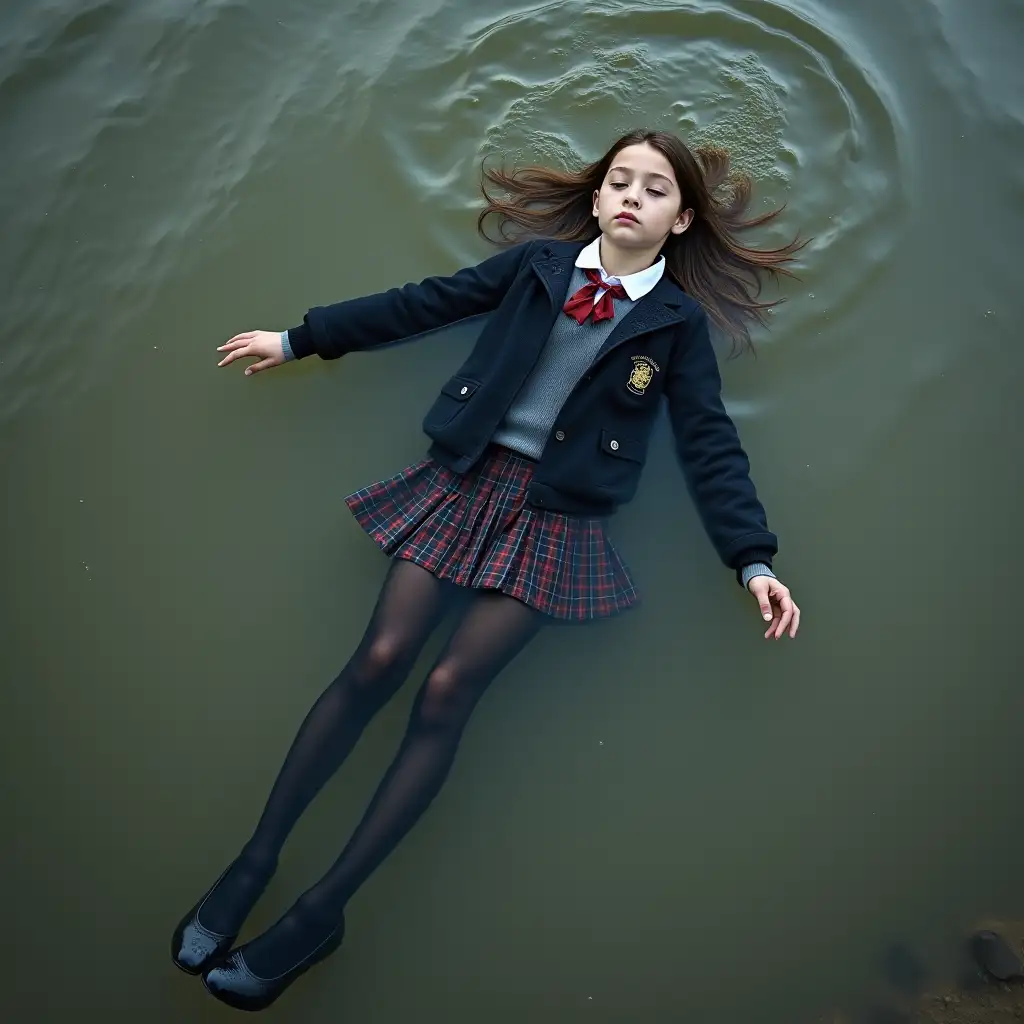 A young schoolgirl in a school uniform, in a skirt, jacket, blouse, dark tights, high-heeled shoes. She is swimming in a dirty pond, lying underwater, all her clothes are completely wet, wet clothes stick to her body, the whole body is underwater, submerged in water, under the surface of the water, below the water's edge.