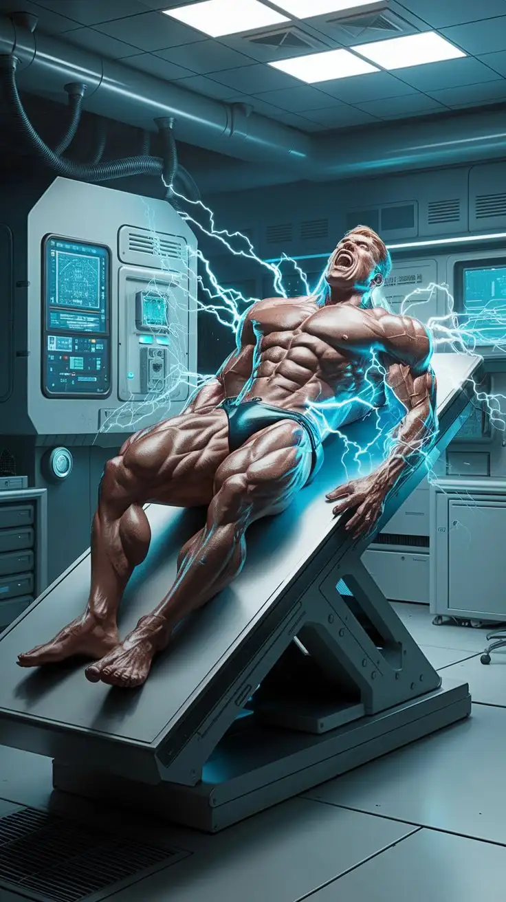 Muscled-Bodybuilder-Receiving-Energy-Shock-in-Futuristic-Science-Lab