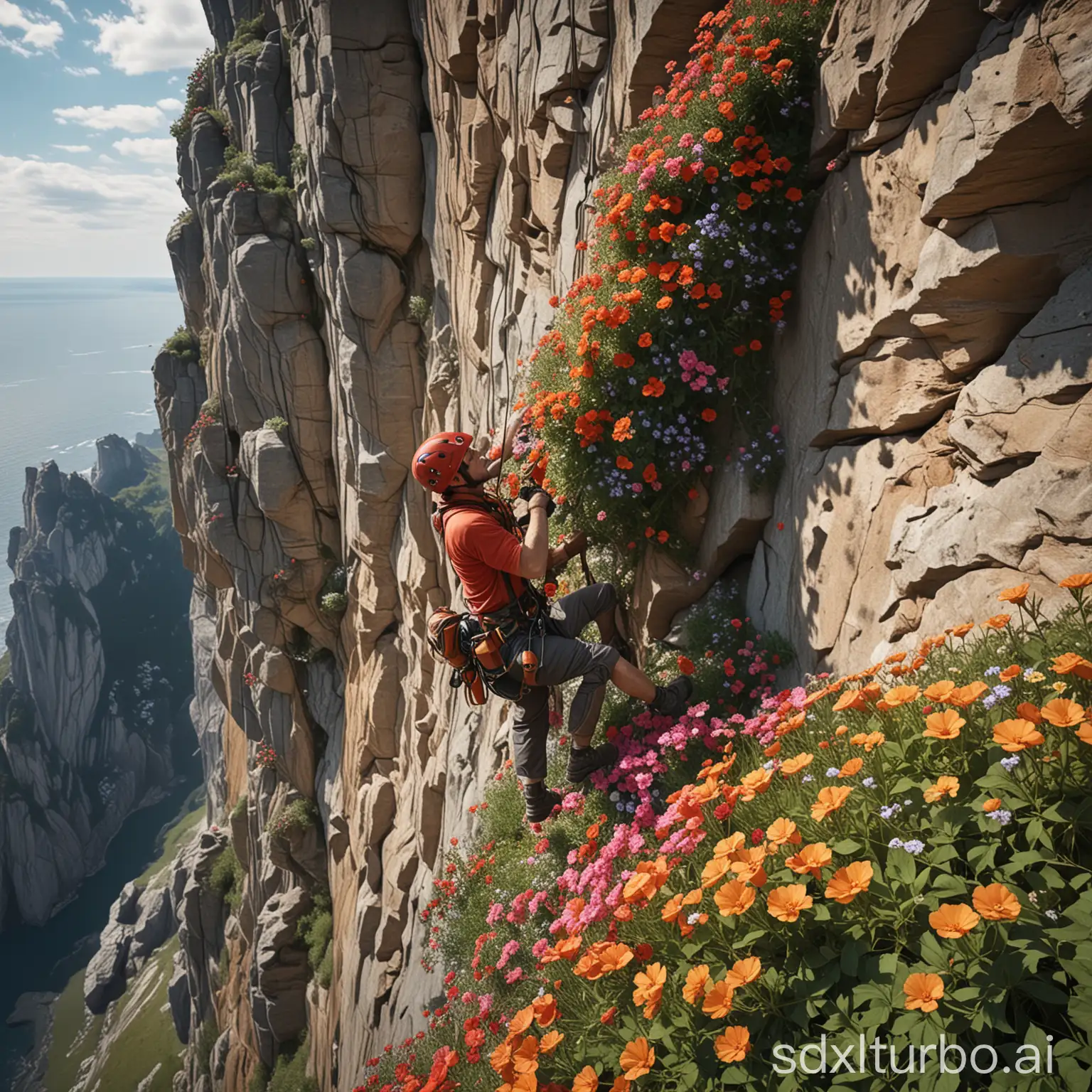 Hero-Climbing-a-Cliffside-with-Professional-Equipment-Surrounded-by-Flowers