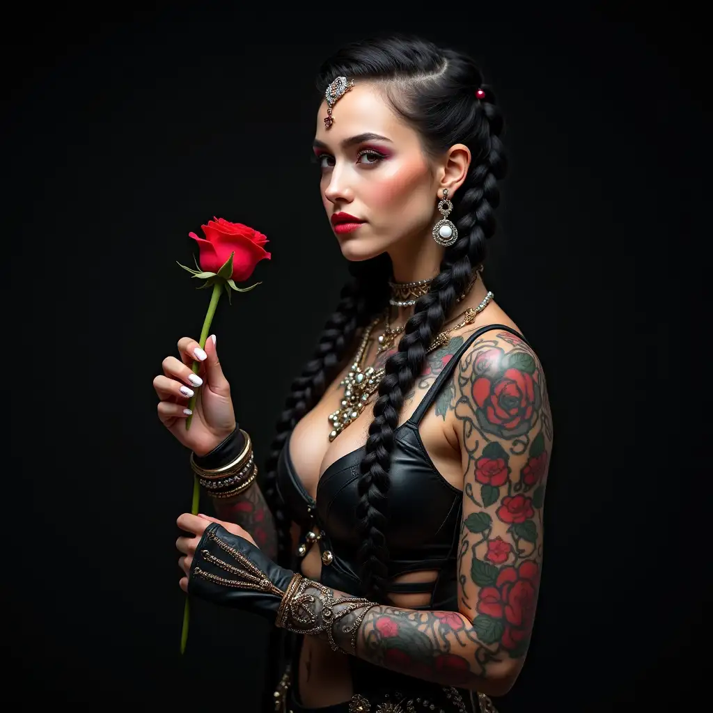 user_prompt: Hyperrealistic of a beautiful white woman with henna tattoo, futuristic long black braided hair with laced boots holds a rose in her hand with intricately detailed, colorful and futuristic jewelry. black background blurred 120mm shot