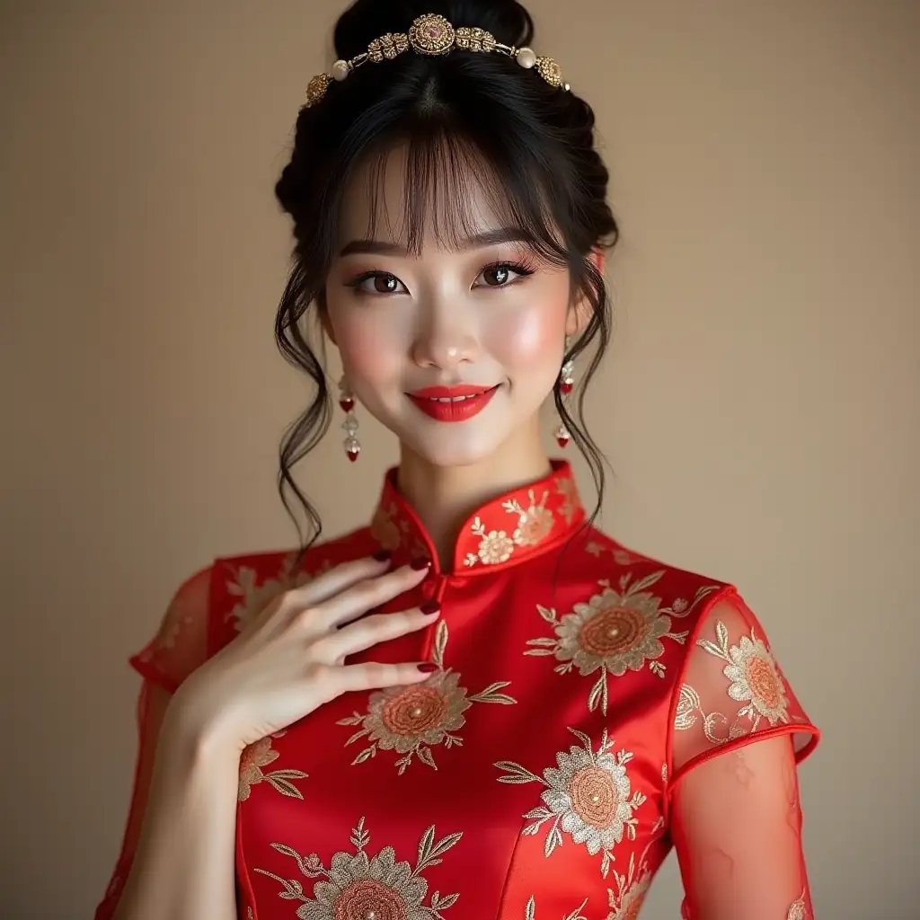 Elegant-Woman-in-Qipao-with-Braided-Wedding-Hairstyle-and-Headpiece-in-a-Flirty-Pose