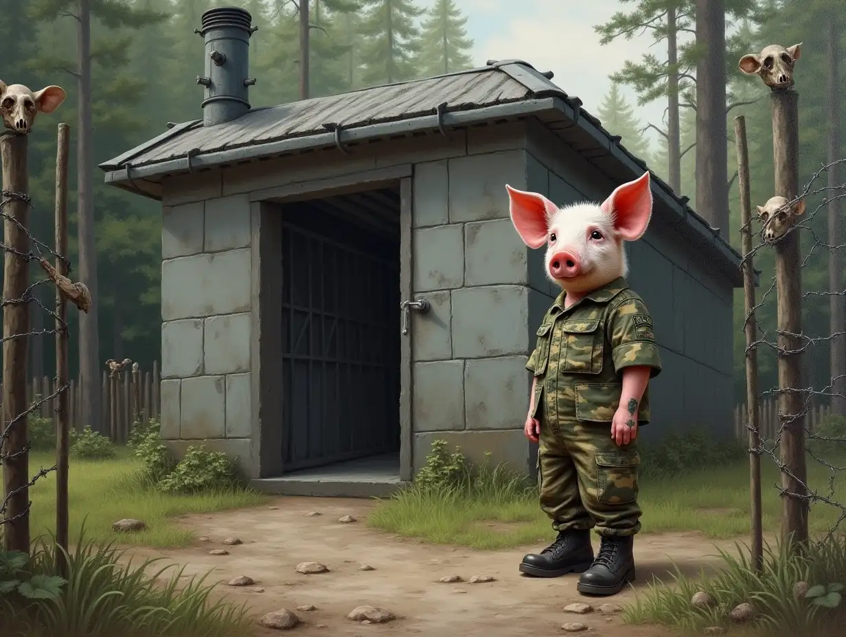 Nice bunker at the edge of the forest. Walls of concrete, roof of steel, closed thick steel door with spikes outside, on the roof visible ventilation pipe as on a bomb shelter. Bunker surrounded by fence entwined with barbed wire, on several stakes hang skulls of wolves. Next to the bunker stands a little pig in camouflage pants, camouflage shirt and army boots. The piglet's snout smeared with camouflage paint. Oil painting.