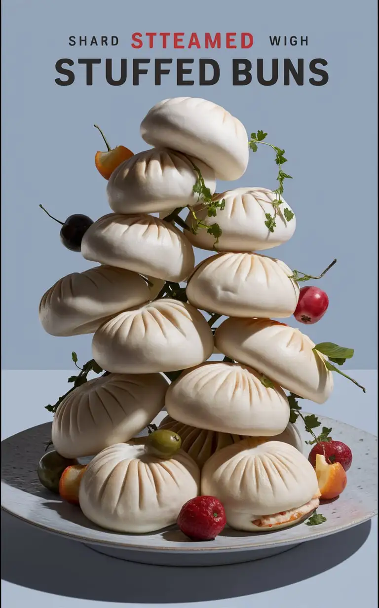 art steamed stuffed bun advertising poster, steamed stuffed buns  grow naturally into the shape of a plate,solid color background, fruit  embellishment, high resolution, high definition image, wide angle lens composition, bright lighting