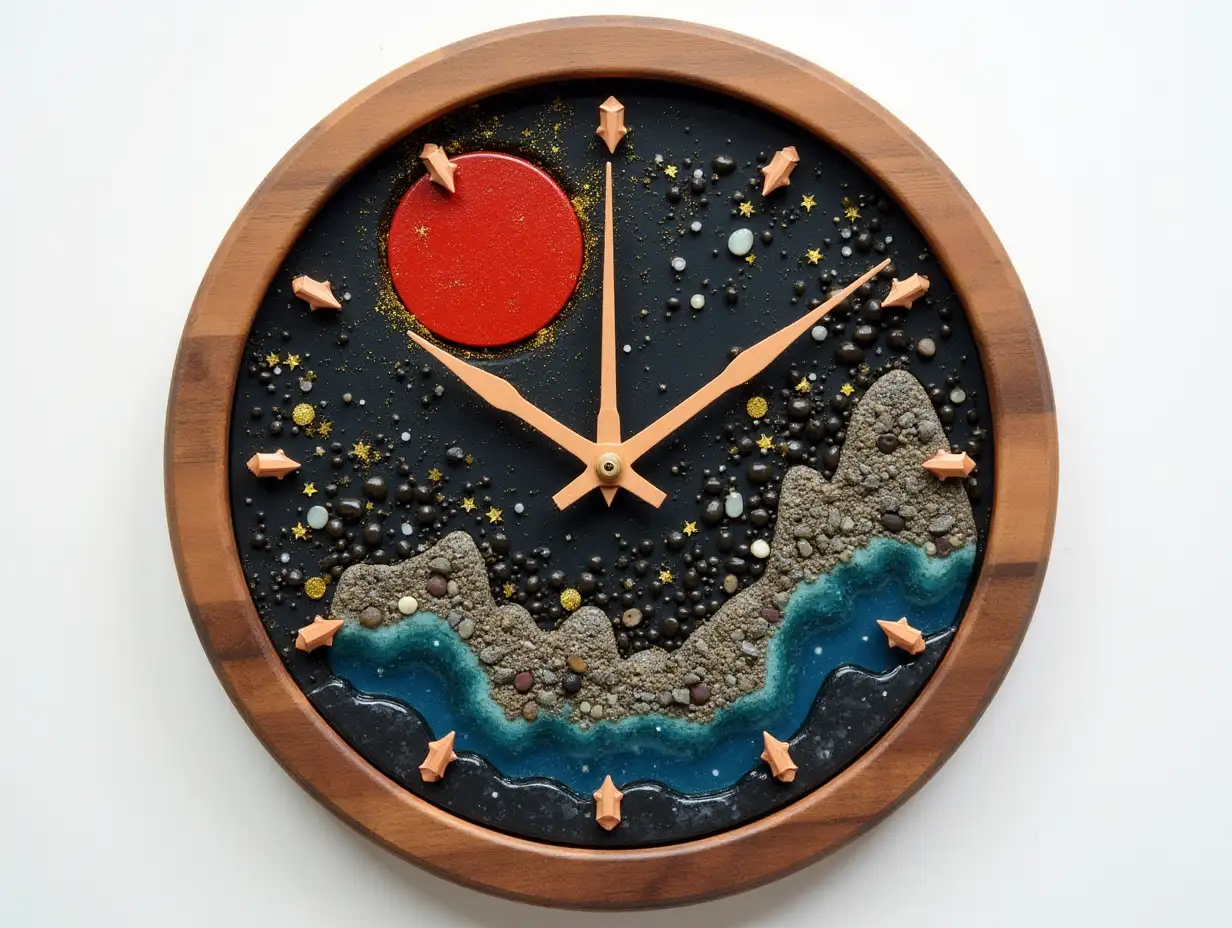 Resin harz wall clock with wood, stones with blue black, red gilded