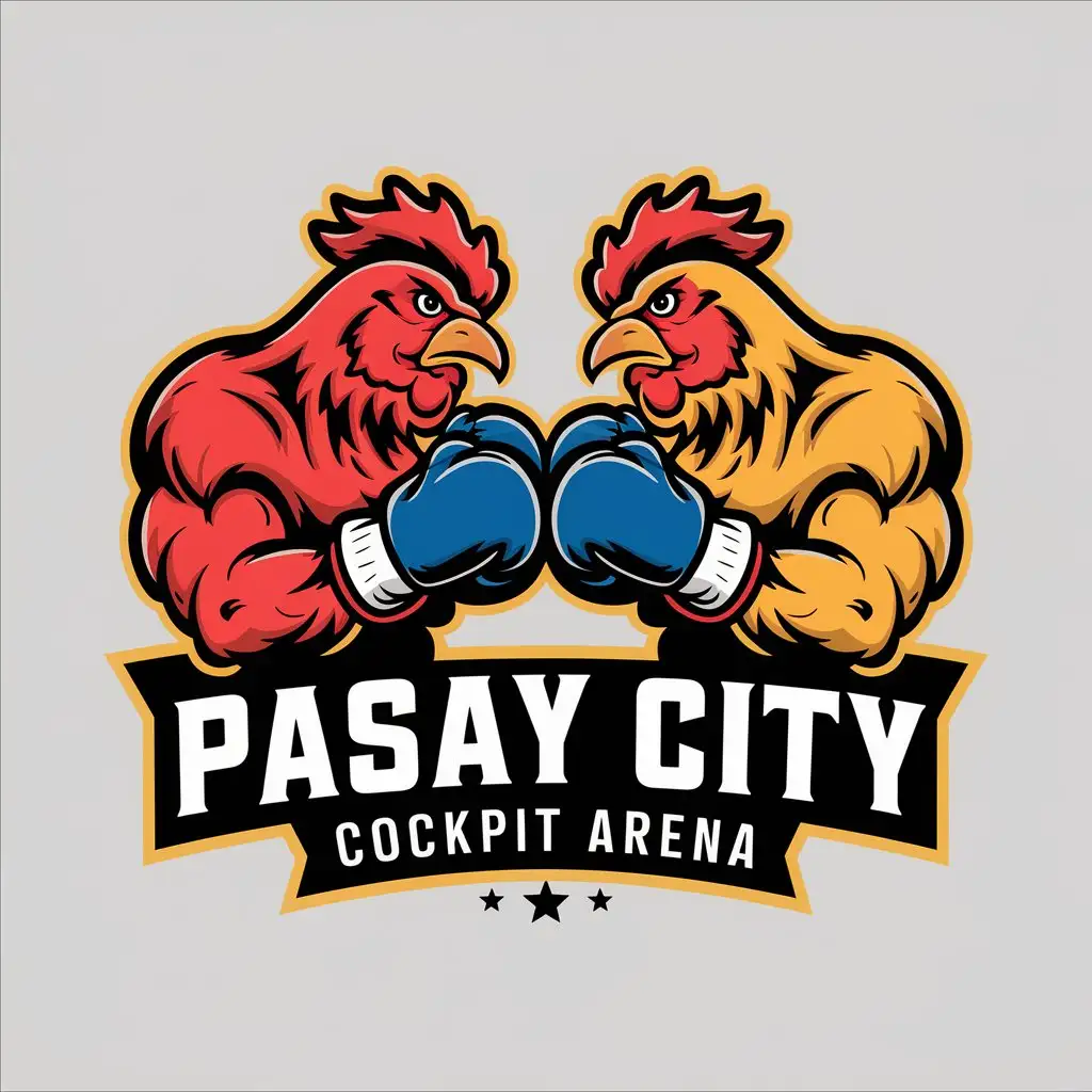 LOGO Design for Pasay City Cockpit Arena Muscular Roosters in Boxing Gloves with Red Blue Yellow Black White