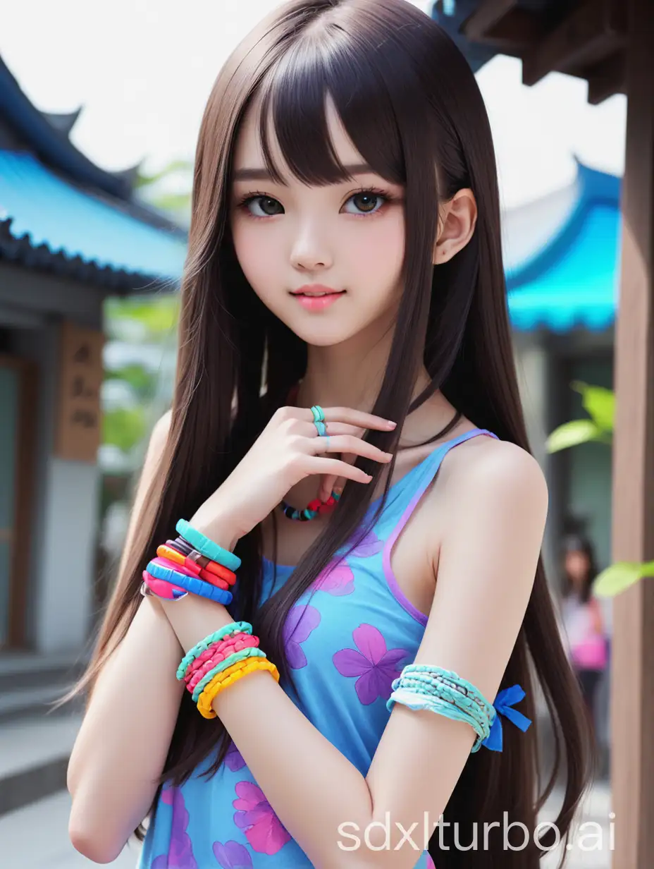 Sweet-Girl-in-Bright-Colored-Clothing-with-Bracelets-and-Long-Smooth-Hair