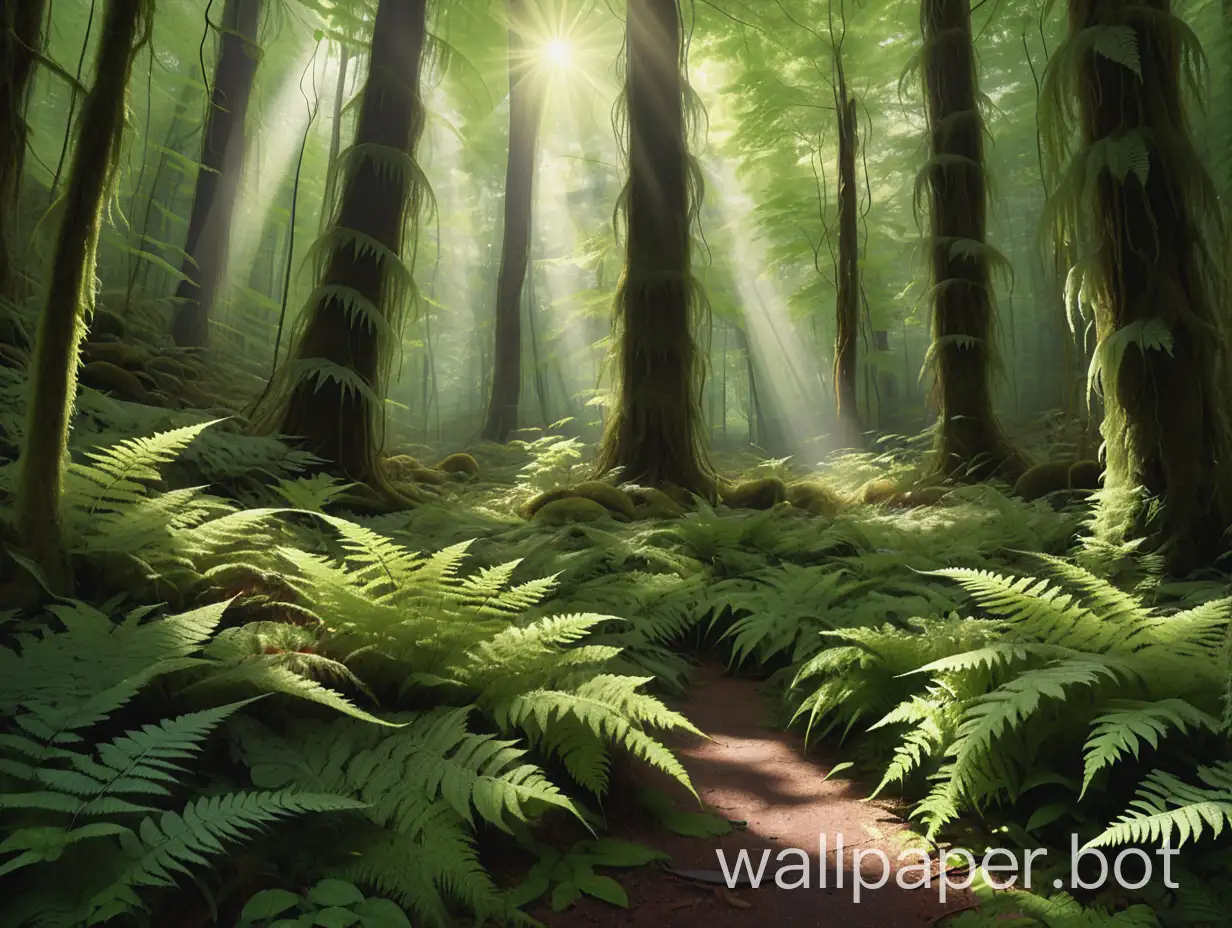 Imagine a dense forest with towering trees, their leaves forming a lush green canopy. Sunlight filters through, casting dappled shadows on the forest floor covered in ferns and moss. The scene is tranquil, evoking a sense of peace and connection with nature.