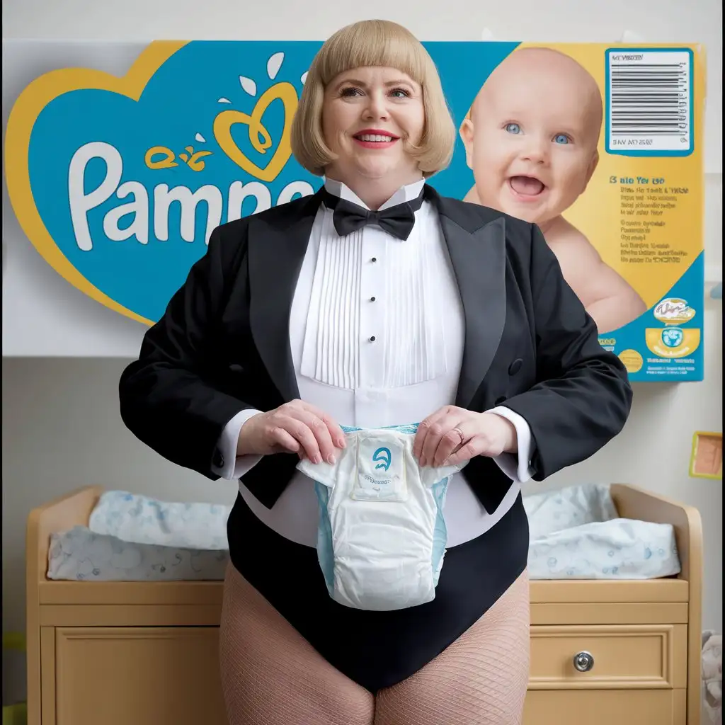 Portrait-of-a-Smiling-Mature-Woman-in-Formal-Tuxedo-with-Diaper-in-Nursery