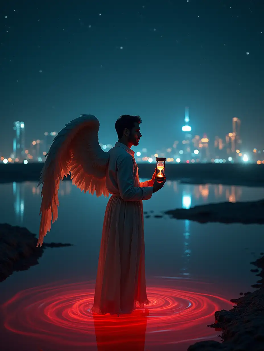 Night, stars. A man Angel with one wing, stands in a red puddle. He holds an hourglass in his hand. In the background, there's a megapolis and city lights.