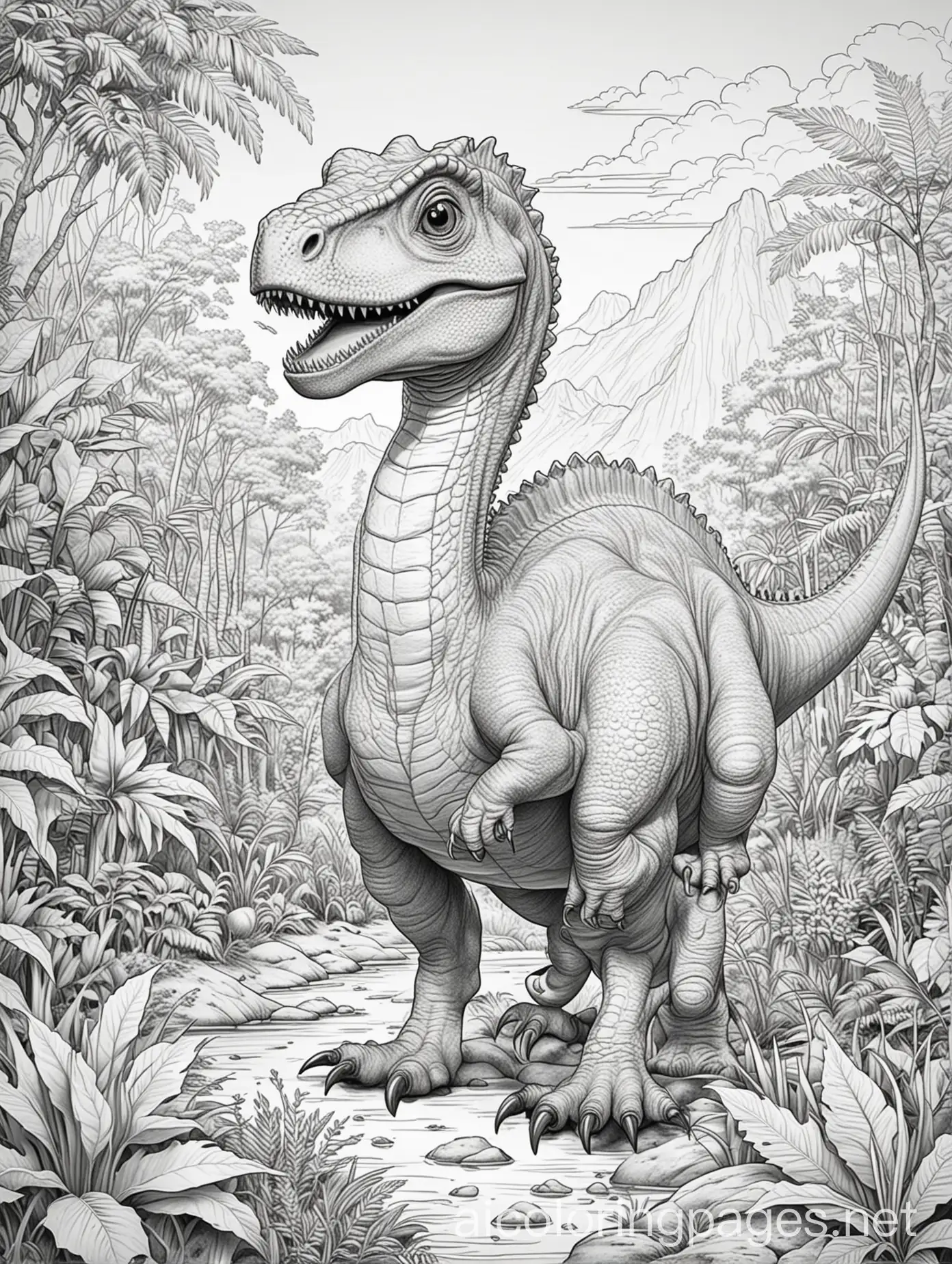 Create a coloring page of smaller dinosaurs in fun and cute interactions for a children's coloring book. The scene must include the following elements: Dinosaurs: Various small dinosaurs, such as Compsognathus, Microraptor and other small and agile dinosaurs. They may be playing, interacting with each other, or exploring their environment. Environment: A natural setting with varied vegetation, such as bushes and small trees. Add simple details in the background to enrich the scene. Details: Include friendly facial expressions and gestures that convey fun, natural activities of smaller dinosaurs., Coloring Page, black and white, line art, white background, Simplicity, Ample White Space. The background of the coloring page is plain white to make it easy for young children to color within the lines. The outlines of all the subjects are easy to distinguish, making it simple for kids to color without too much difficulty