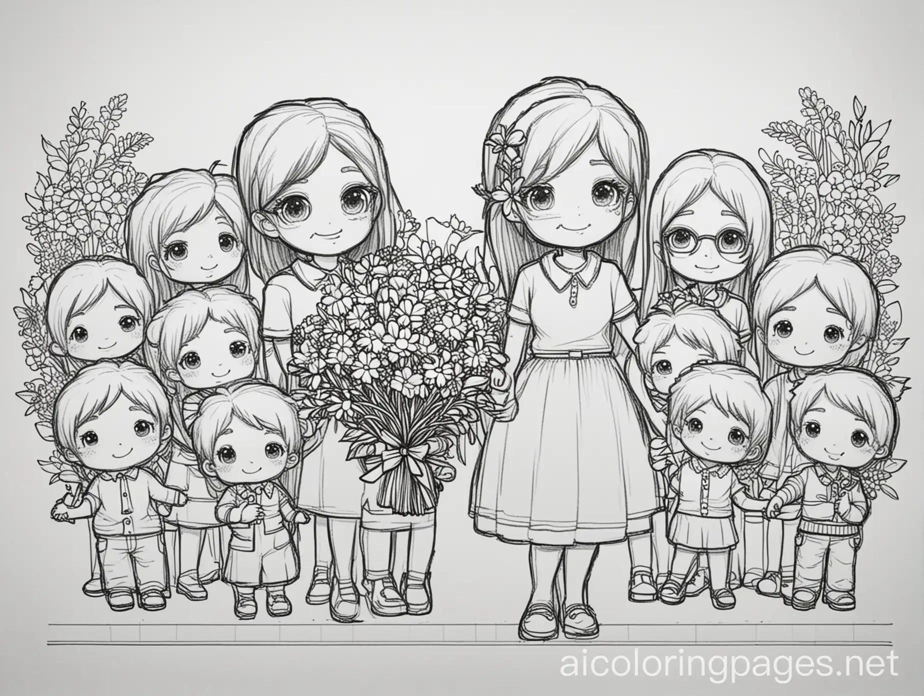 Chibi-Style-Teacher-with-Students-Holding-Flowers-Coloring-Page