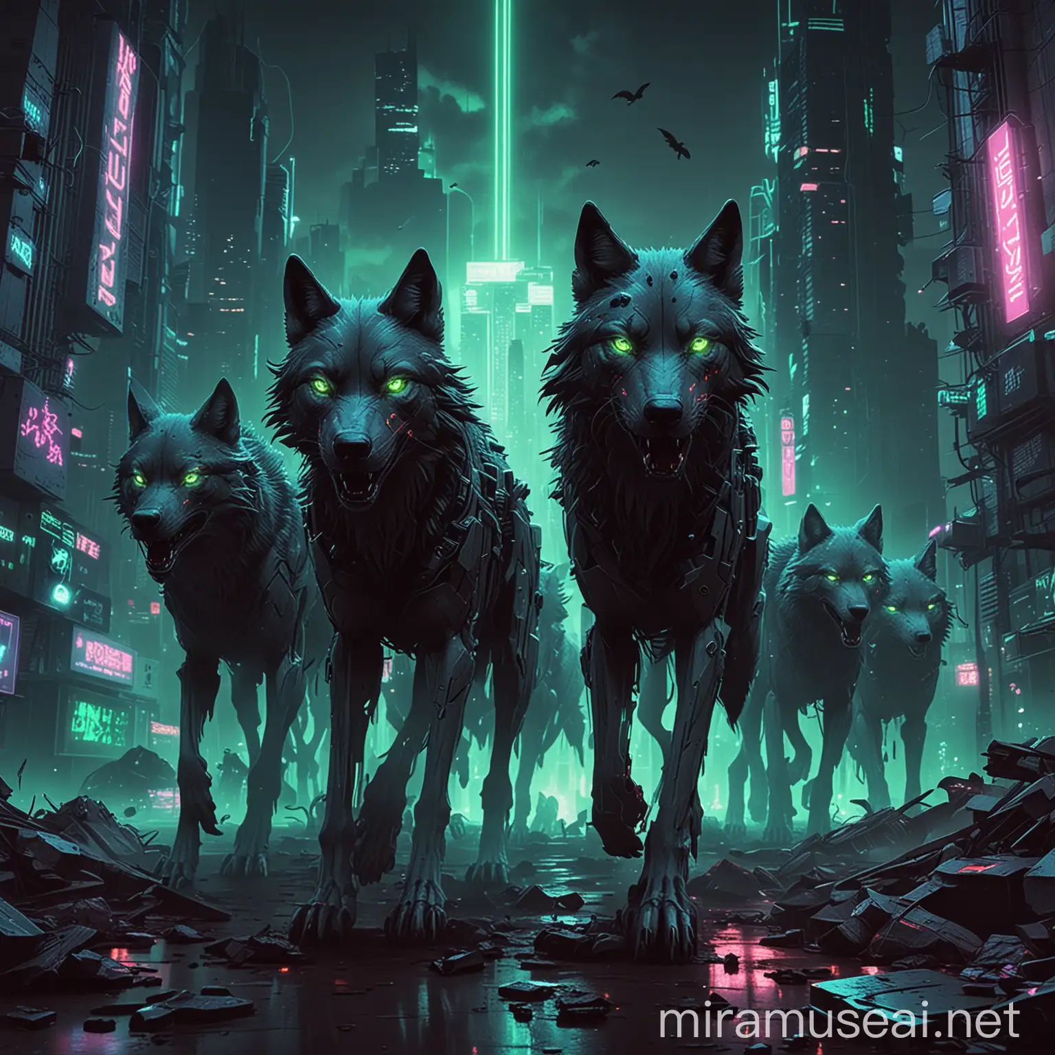 Pack of Wolves with Neon Glowing Green Eyes in Cyberpunk Tron Digital City