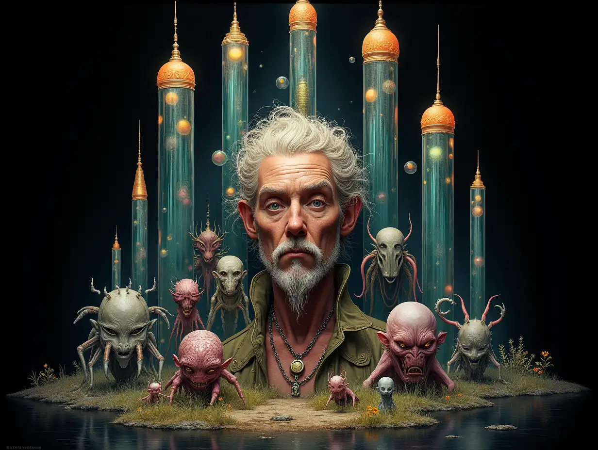 Ultradetailed hyperrealistic portrait of a Multiversum time traveler with various strange beings with futuristic glass towers in front of a meticulously detailed, colorful, forested black background