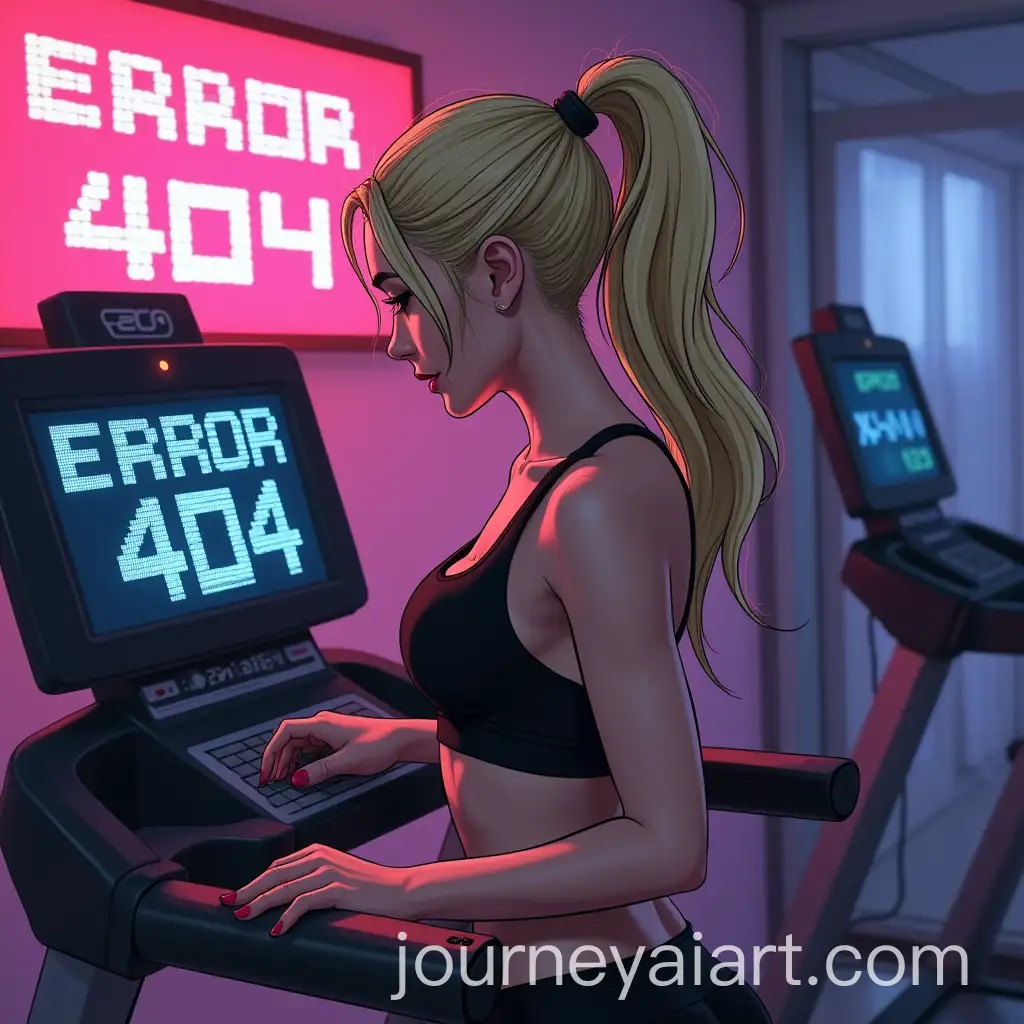 Woman-Collapsing-on-Treadmill-with-ERROR-404-Display-in-Cyberpunk-Setting