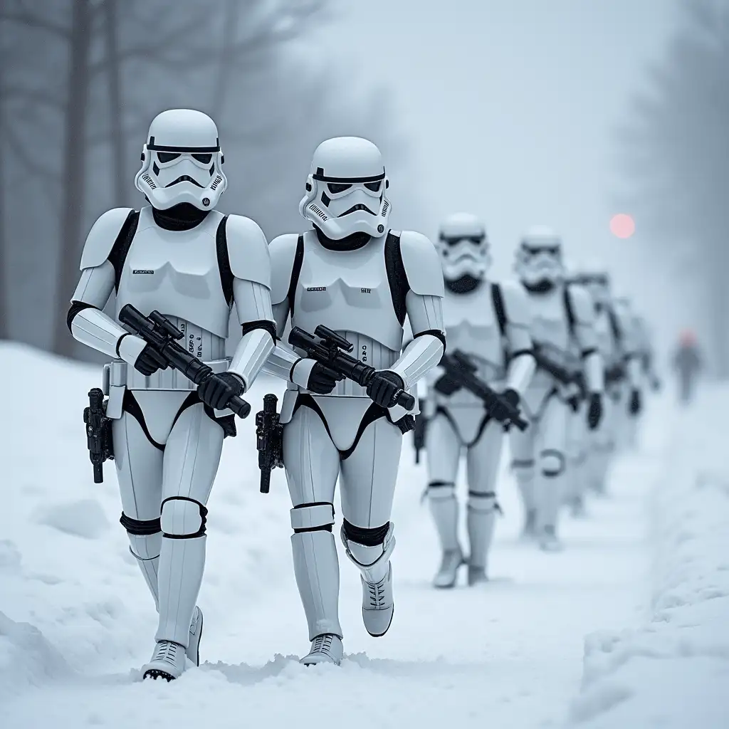 Star Wars stormtroopers marching through the snow