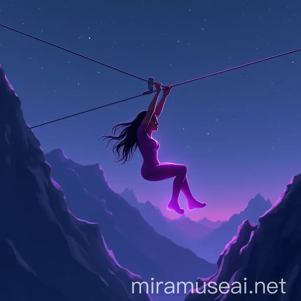 Women Ziplining on Dangerous High Mountain at Midnight