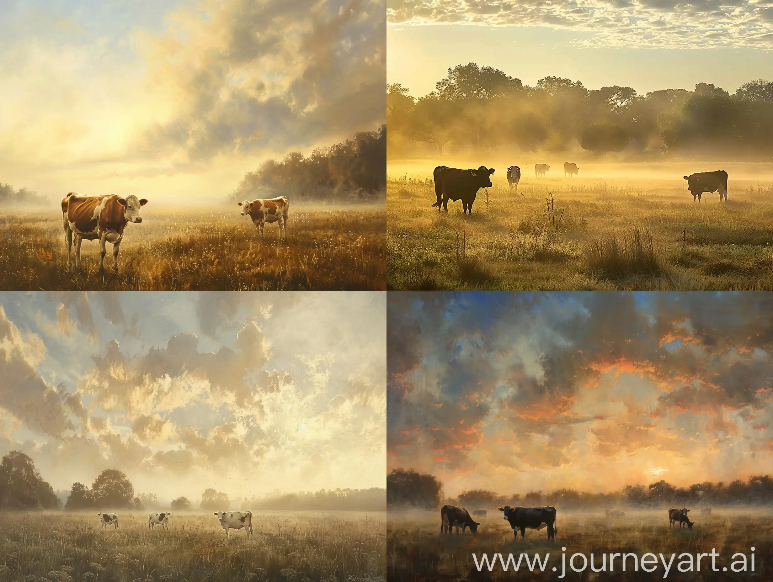 Cows-Grazing-in-Dawn-Light-with-Soft-Fog-and-Gentle-Golden-Tints