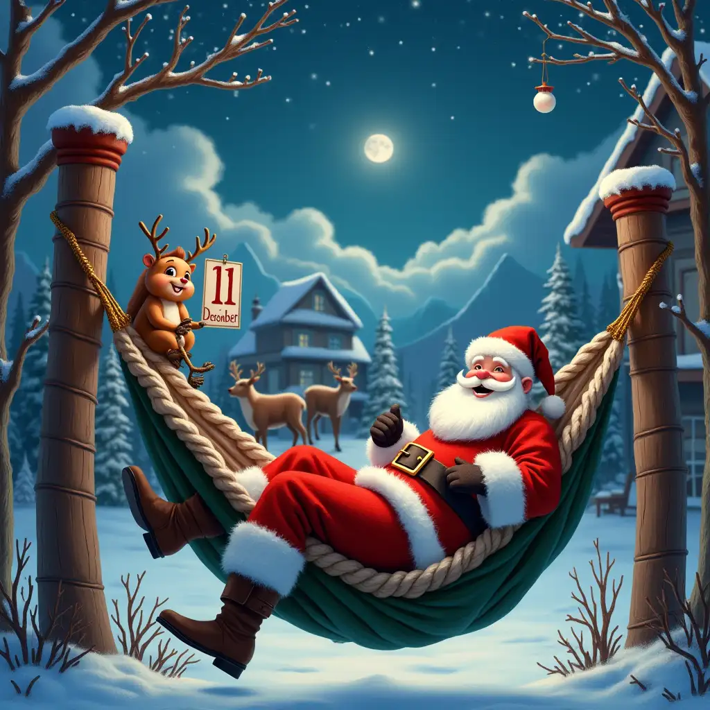 Santa-Claus-Relaxing-in-Hammock-with-Reindeer-and-Starry-Night-Christmas-Scene