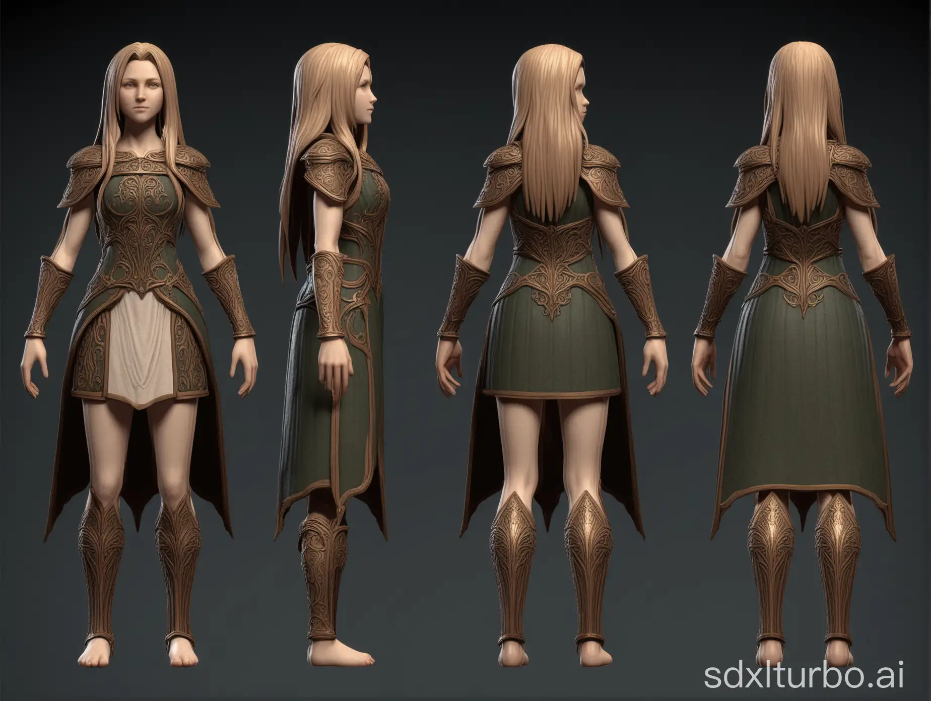 character sheet for 3d modelling, front and side view, a-pose, multiple views of the same character in orthographic, Malenia from Elden Ring videogame