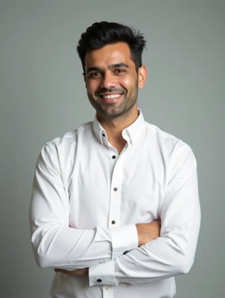 a confident looking, clean-shaven, indian corporate employee dressed in formal white shirt