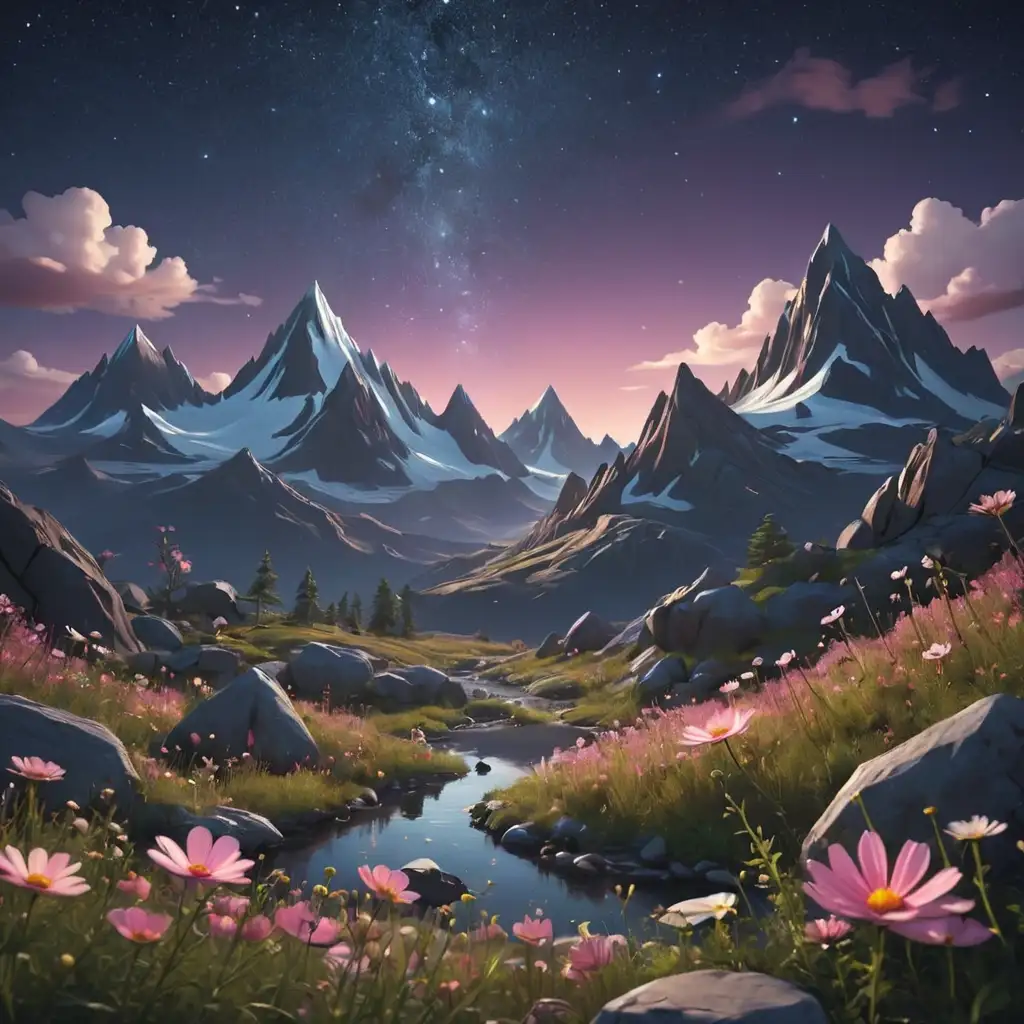 Cartoon-Nature-Night-Sky-with-Cosmos-and-Mountains-in-3D-Special-Effects