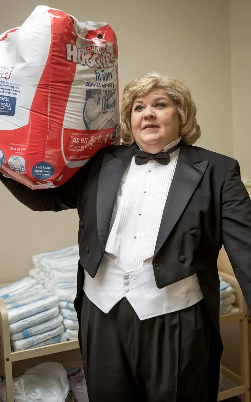 MiddleAged-Caucasian-Woman-in-Formal-Tuxedo-with-Huggies-Diaper-Package-in-Nursery