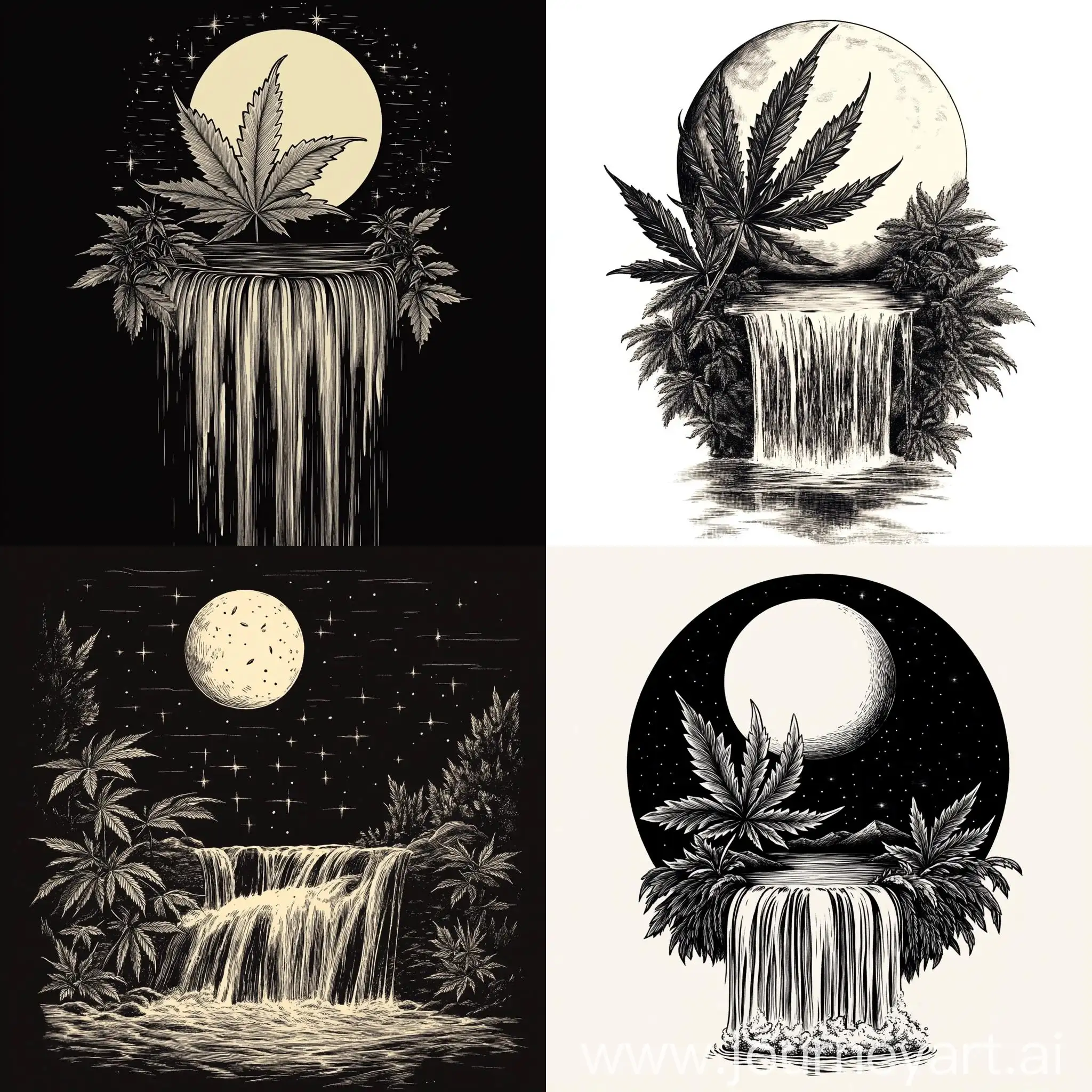 Engraved-Cannabis-Leaf-Waterfall-in-Moonlight