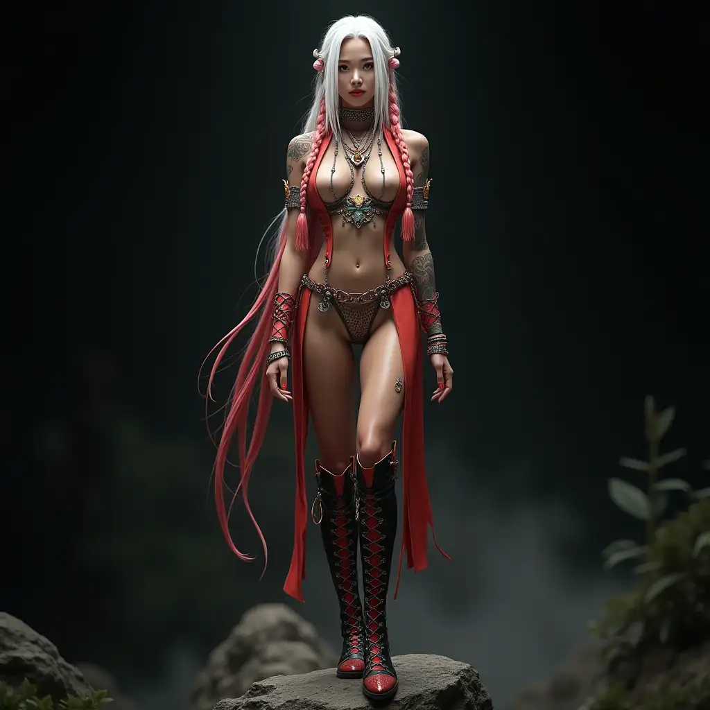 user_prompt: Hyperrealistic representation of a beautiful Asian woman with a smile on her face-tattoo, future long white hair with red braided hair and laced boots, standing on a rock with intricately detailed, colorful and futuristic jewelry against a black blurred background 120mm shot