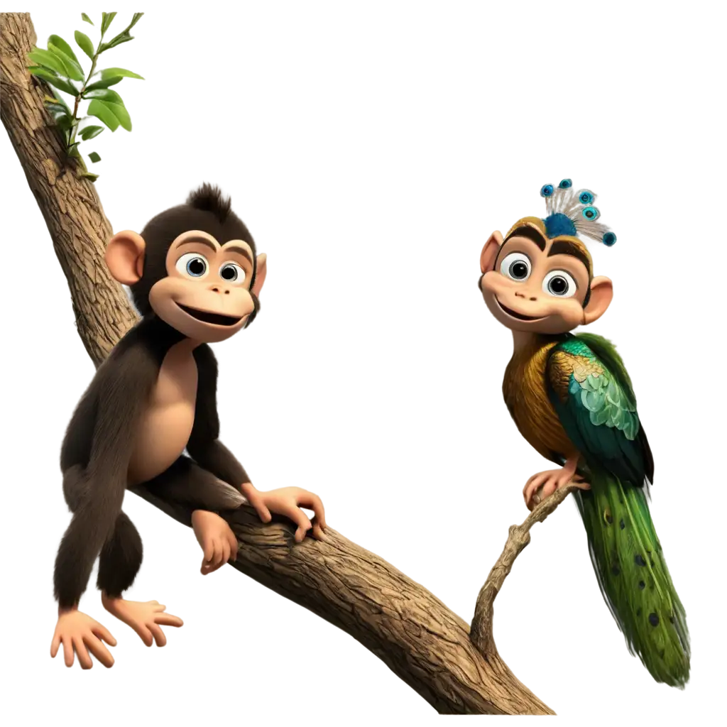 Monkey-and-Peacock-Talking-on-a-Branch-PNG-HighQuality-Animated-Forest-Scene