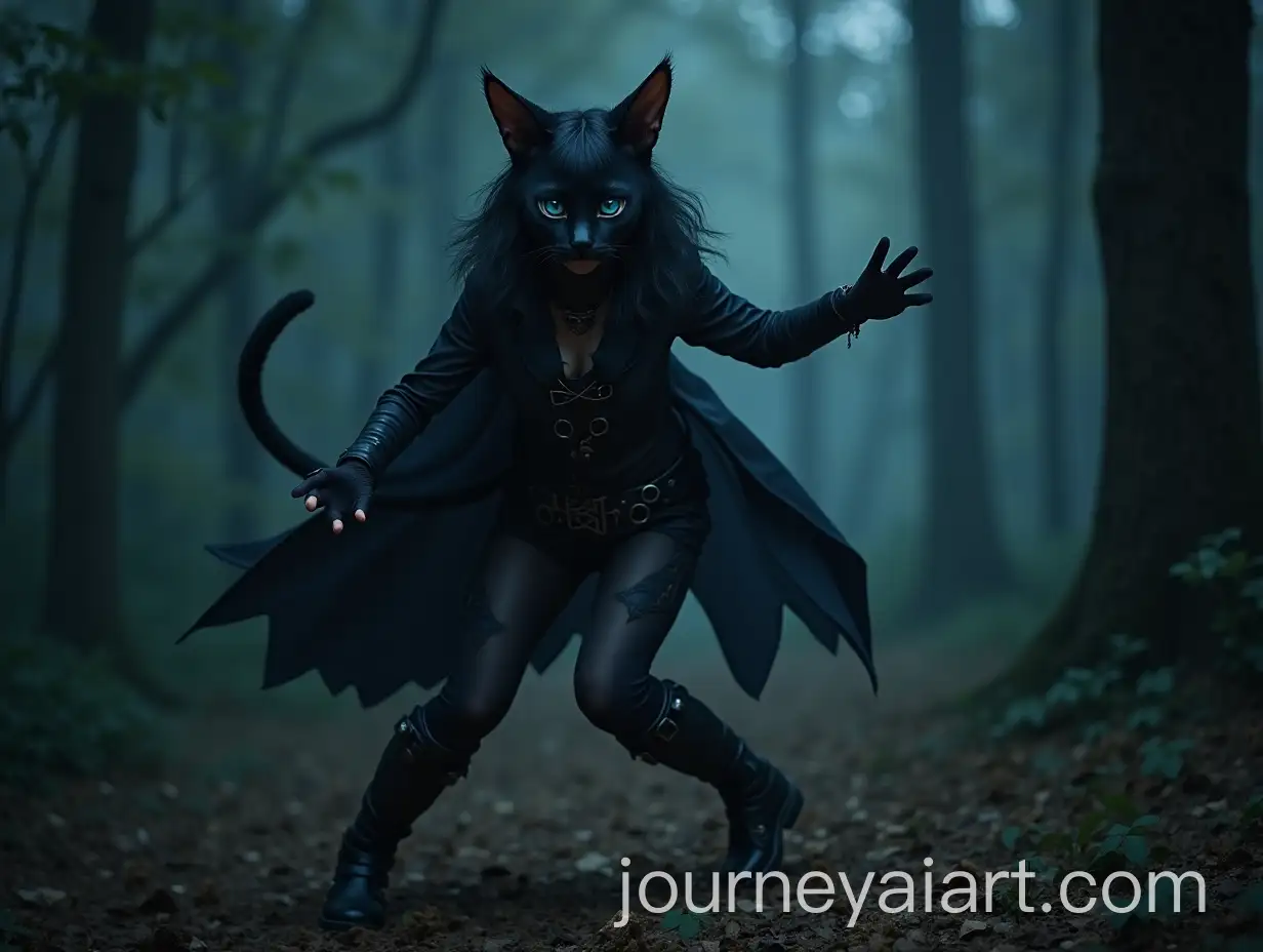 Black-BlueEyed-Catgirl-Vampire-in-Combat-Pose-in-Dark-Forest