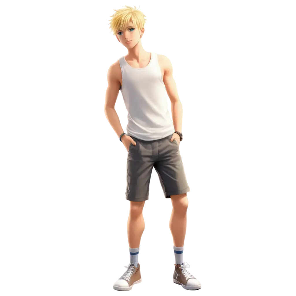 Mid 20's short blonde hair white male with a tank top and shorts full body anime style