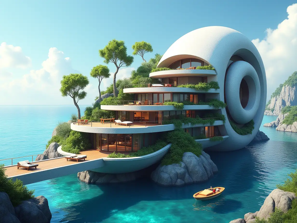 Create a high-resolution, realistic panorama image of a multi-level futuristic terrace building leading to the sea with window snail house with yacht and a small boat many plants and gray and brown facades with big sea trees, blue sky