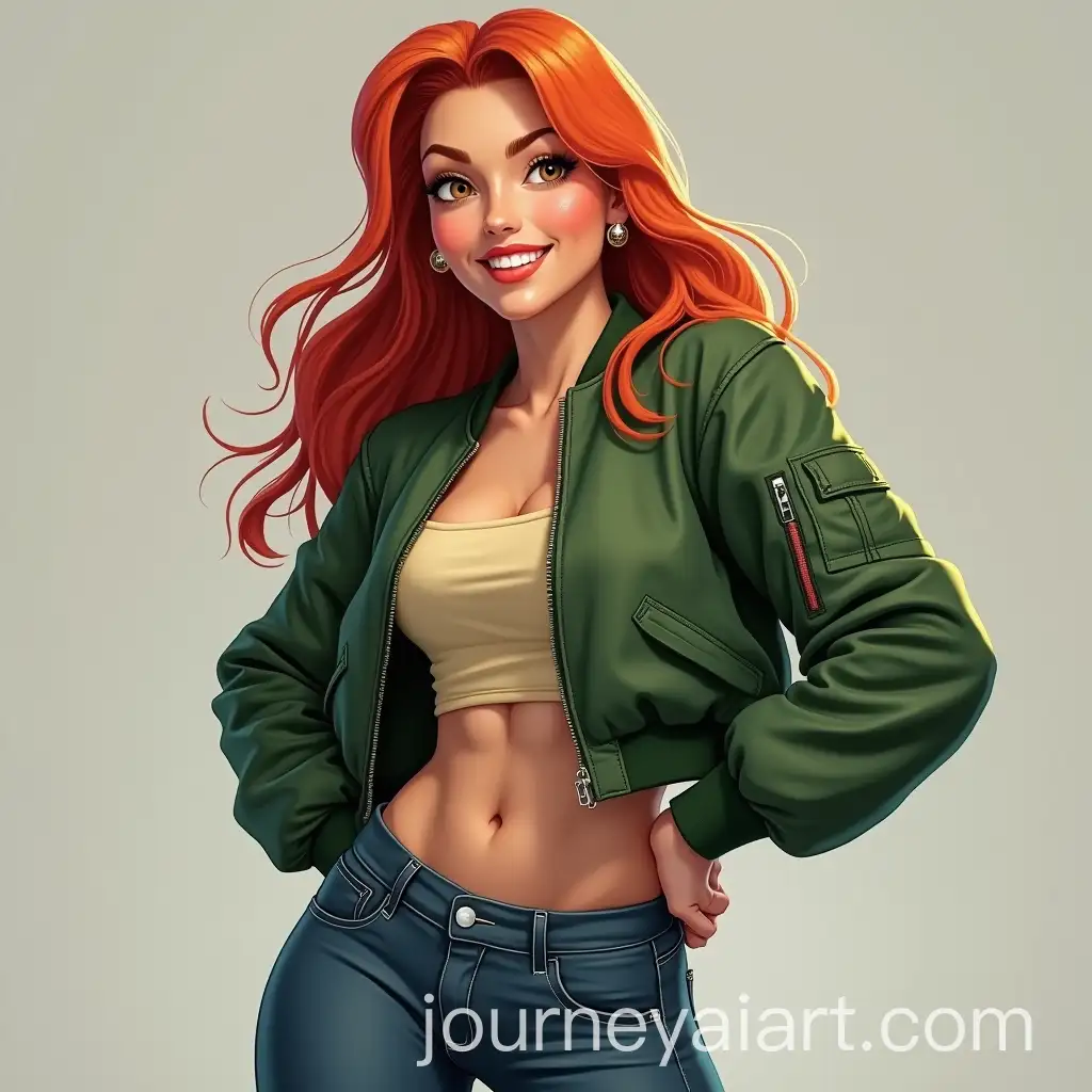 Flame-RedHaired-Cheerleader-in-Green-Bomber-Jacket-and-Jeans