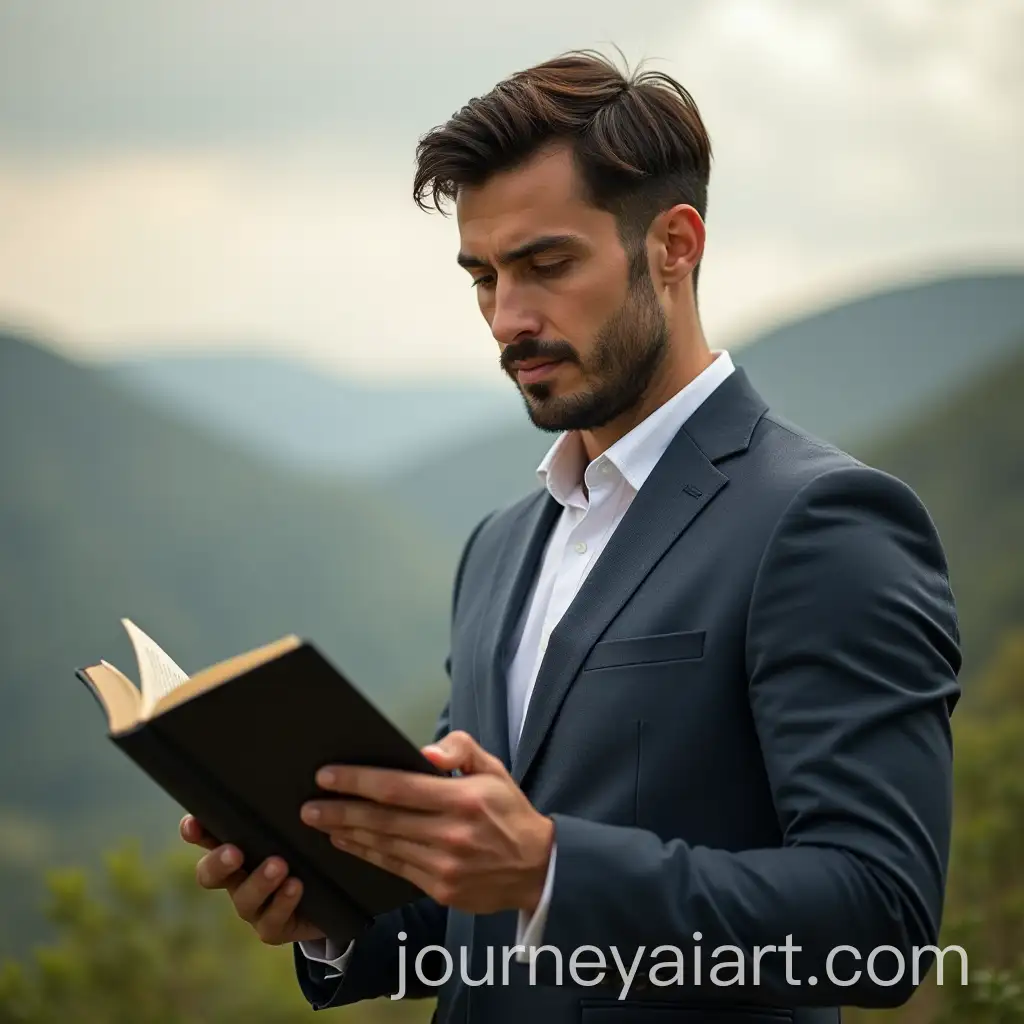 WellDressed-Man-Reading-SelfImprovement-Book-in-Serene-Landscape