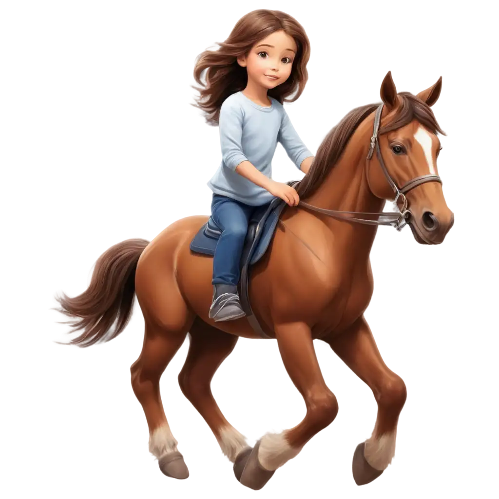 Animated-Drawing-of-a-Little-Girl-with-Brown-Hair-and-Dark-Brown-Eyes-Riding-a-Horse-in-PNG-Format