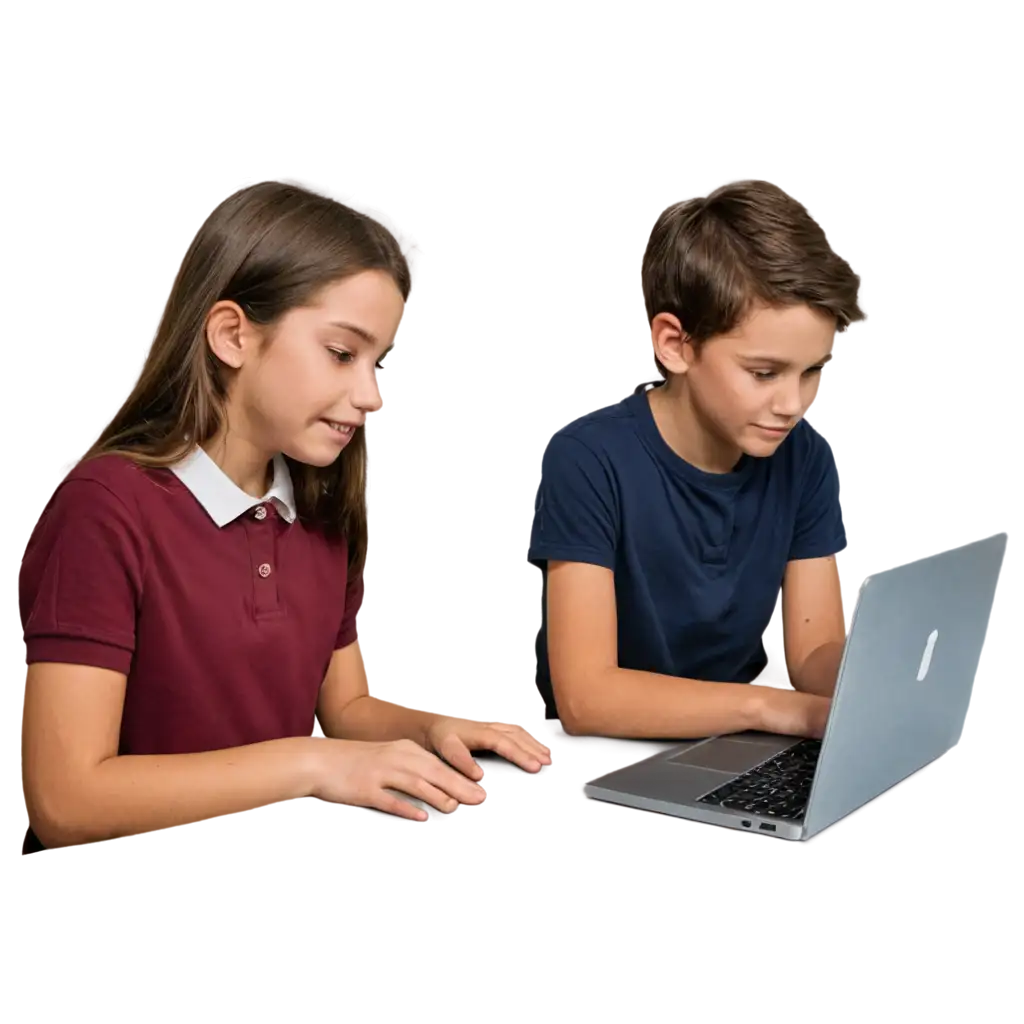 10 year old boy and girl in a classroom learning block coding on a laptop with teacher