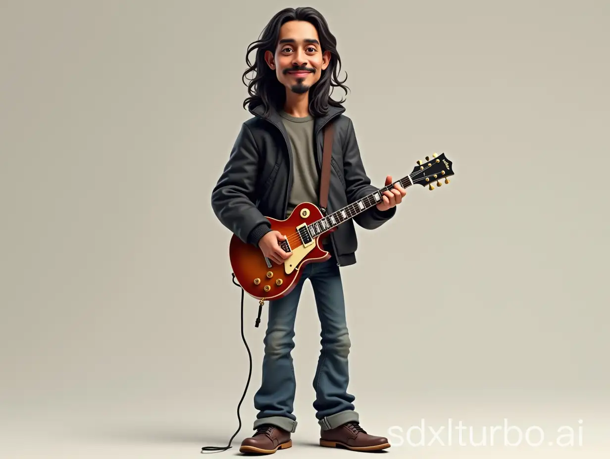 Realistic 4D caricature of a 27 year old Indonesian man, with a thin mustache, long hair, black jacket and long jeans. Wear shoes with visible socks. standing holding a Les Paul guitar