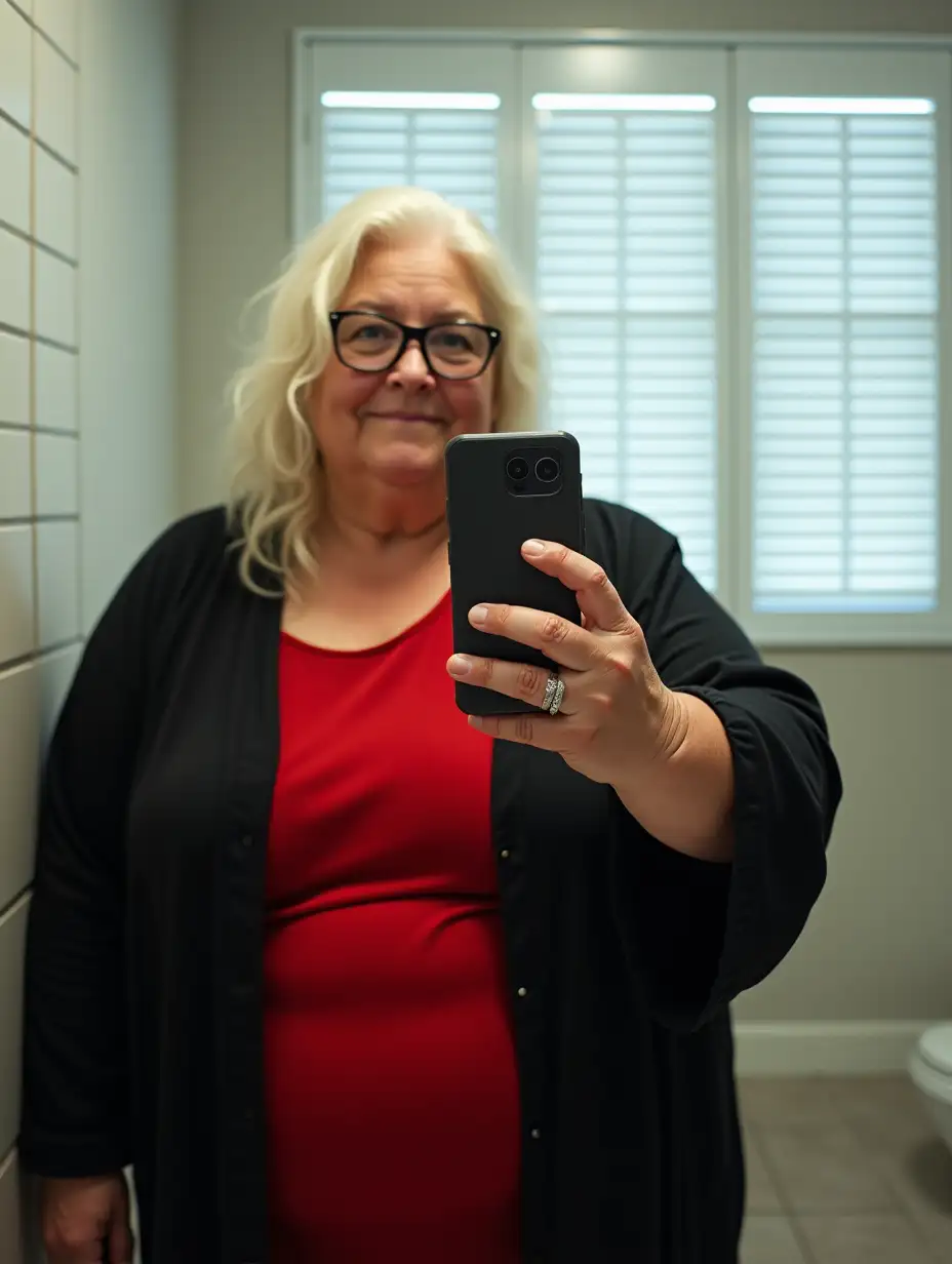 Obese-70YearOld-Woman-Taking-FullBody-Mirror-Selfie-in-Bright-Fitting-Room