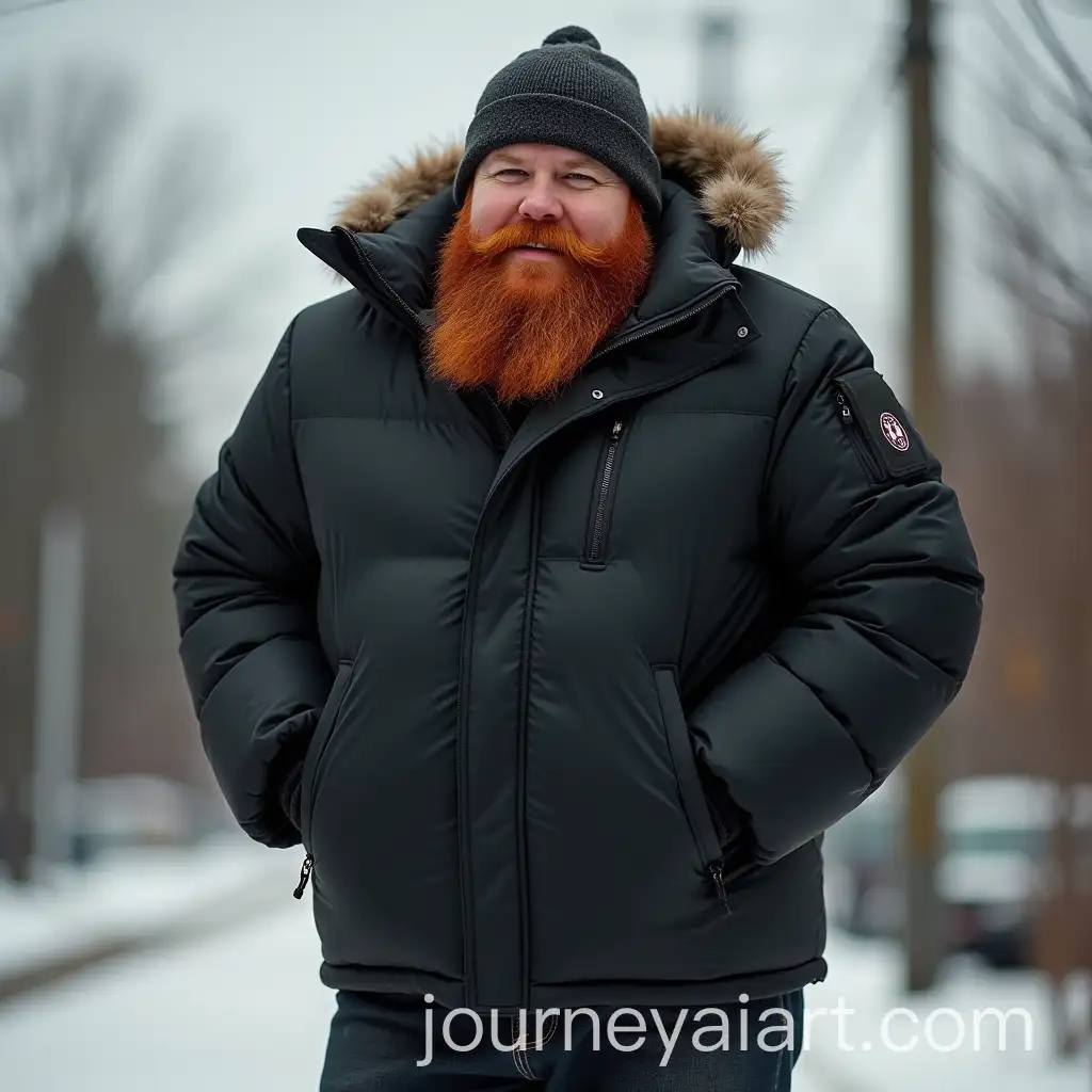 Bearded-Man-with-Red-Hair-in-Puffy-Jacket-and-Shorts
