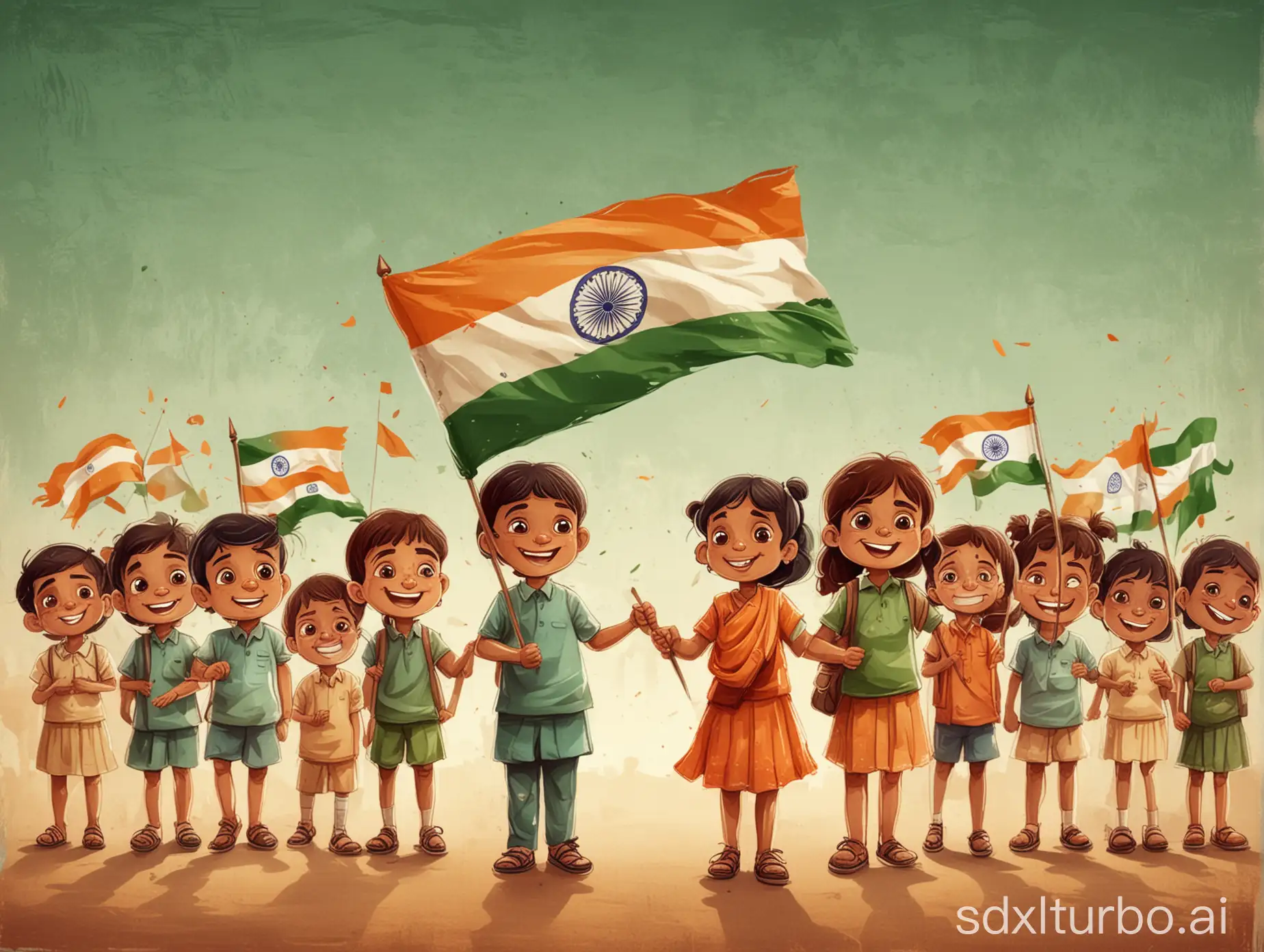 Children-Holding-Indian-Flag-with-Kindergarten-Background