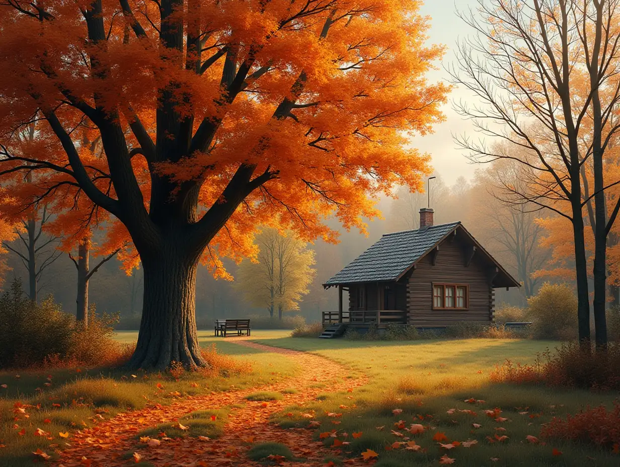 photorealistic tree at the dacha in autumn