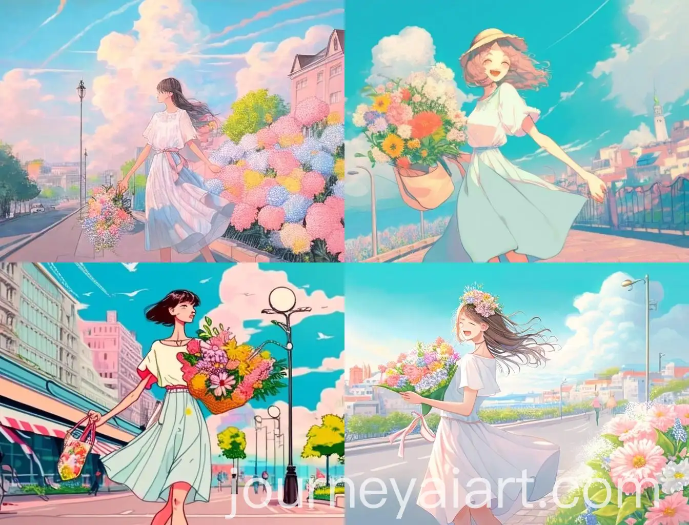 Cheerful-Woman-with-Bouquet-Walking-Under-Clear-Sky