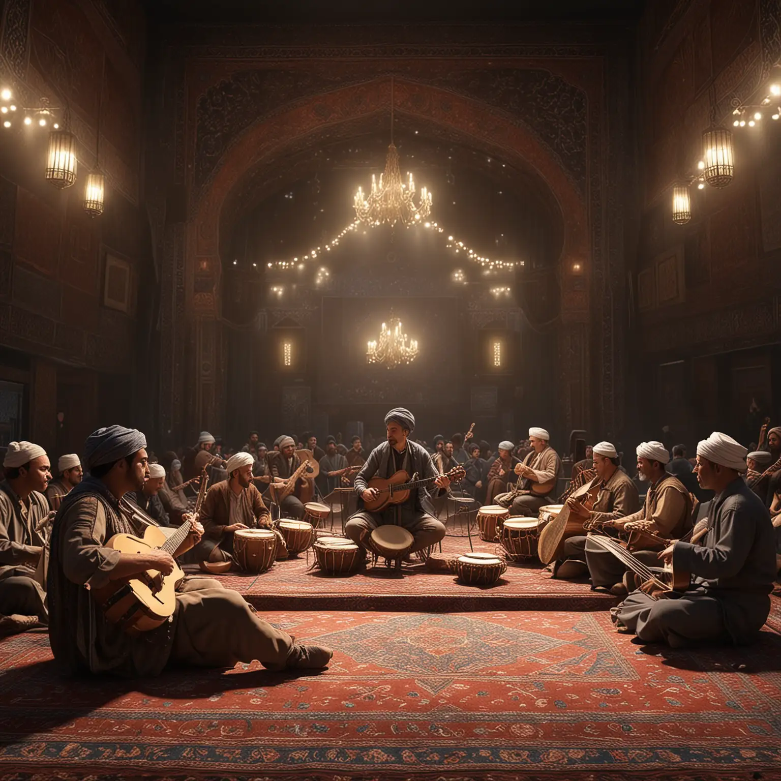 interior view of a Music performance hall in Torbate-Jam a city in Iran, a man playing Persian music instruments wearing local torbate-jami cloth sitting on the center of the stage face the audience, ultrarealistic, 8k trending on Artstation, volumetric lighting is featured on Pixiv