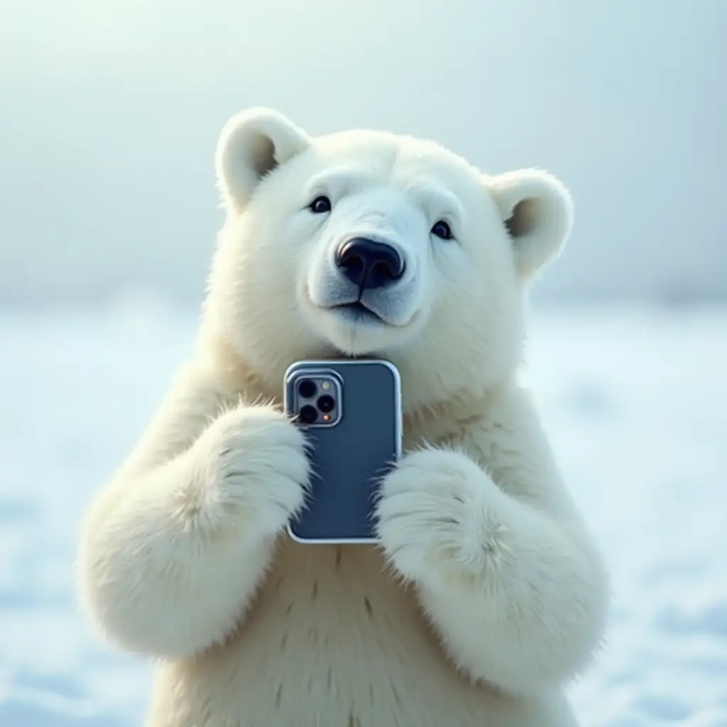 A playful selfie-style scene featuring a polar bear in a snowy Arctic setting. The foreground polar bear holds the camera with both paws, gently tilting it while blinking and making smooth, subtle movements. The camera motion mimics a handheld feel, with soft bobbing and slight adjustments, adding a natural and charming touch. The background remains static, with soft light reflecting off the snow, emphasizing the polar bear's interaction with the camera