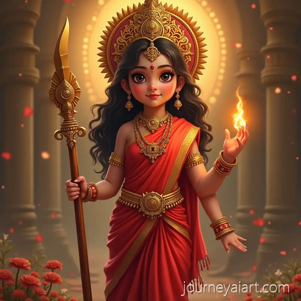 Realistic-Toddler-Girl-Depicted-as-Goddess-Durga-in-Red-Silk-Saree-Holding-Trishula