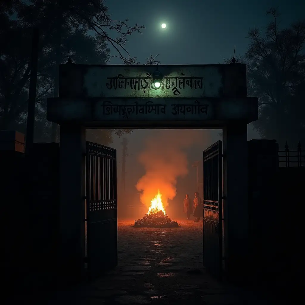 A dark and eerie nighttime scene of a cremation ground entrance. The large, aged metal gate has the words 'श्मशान घाट' (Shamshan Ghat) written in bold Hindi letters, slightly rusted and illuminated by a dim flickering light. Beyond the gate, a funeral pyre burns brightly, casting an orange glow on the surrounding trees and structures. Thick smoke rises into the night sky, blending with the mist. The atmosphere is silent and haunting, with shadows stretching under the dim moonlight. The setting gives an unsettling yet solemn feel, evoking mystery and reverence.