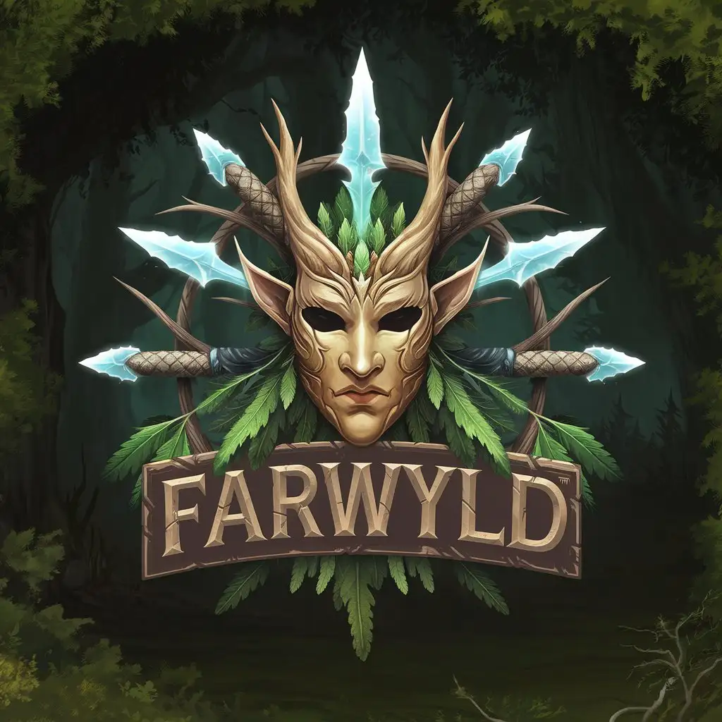 Fantasy Game Art Wood Elf Kingdom Logo Emblem Farwyld Sylvan Mask with Fae Blades