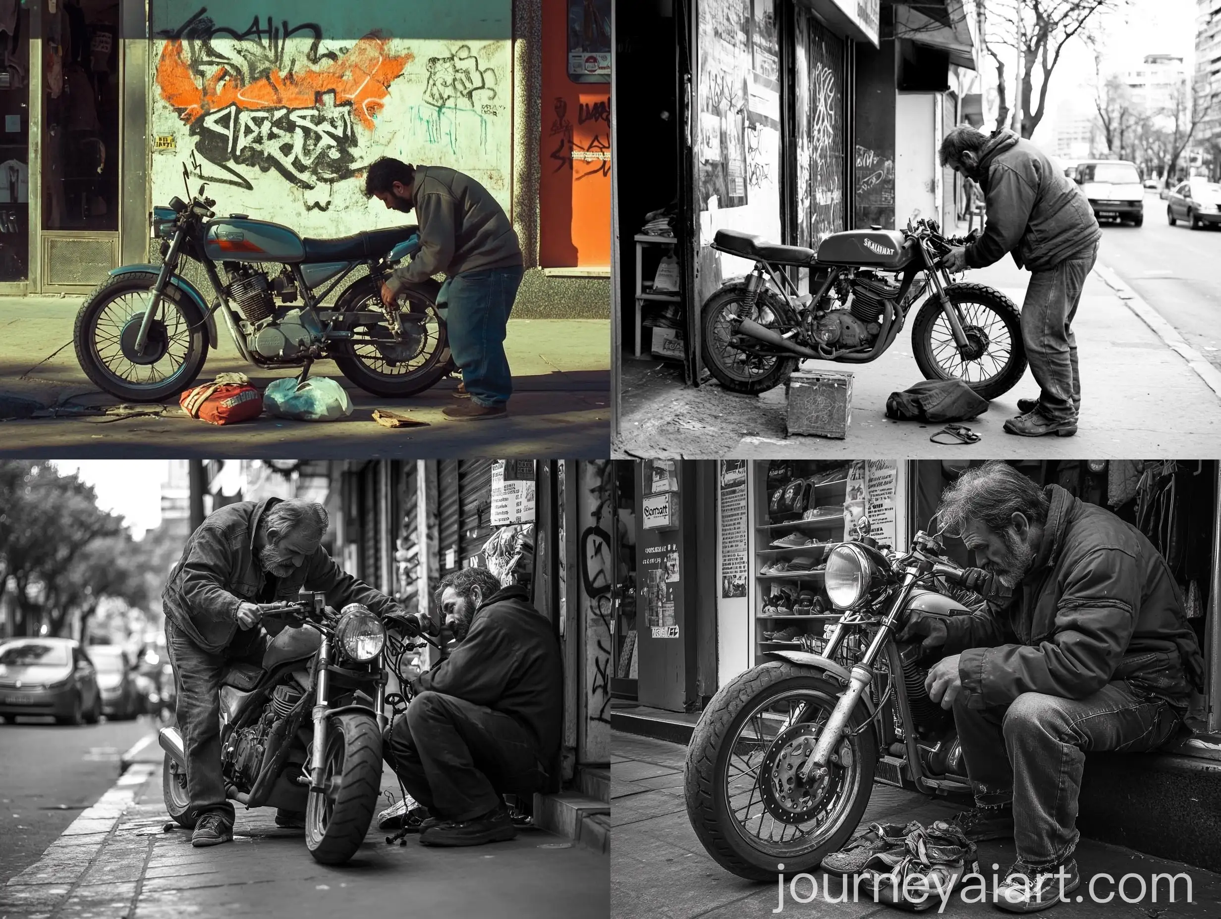 Homeless-Man-Trying-to-Start-Motorcycle-by-Removing-Sneaker-Lace