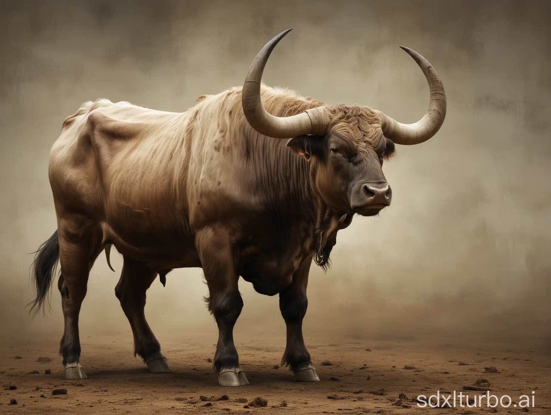 Bull with curved, bent and twisted horns downwards